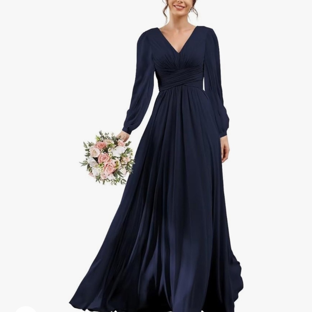Black Plus Size Chiffon Long Sleeve Bridesmaid Dress for Women V Neck